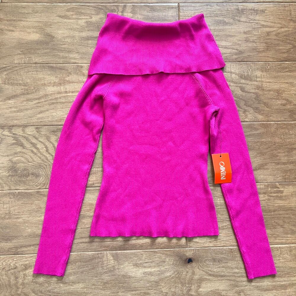 NWT Intempo Off-the-Shoulder Sweater Size S Hot Pink Rib Knit